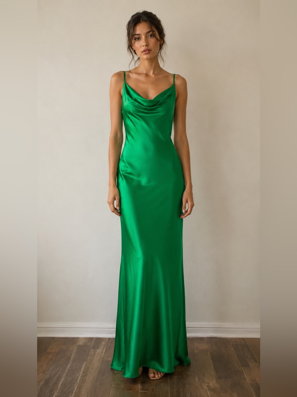 Posh Couture Emerald Satin Cowl Maxi Dress
